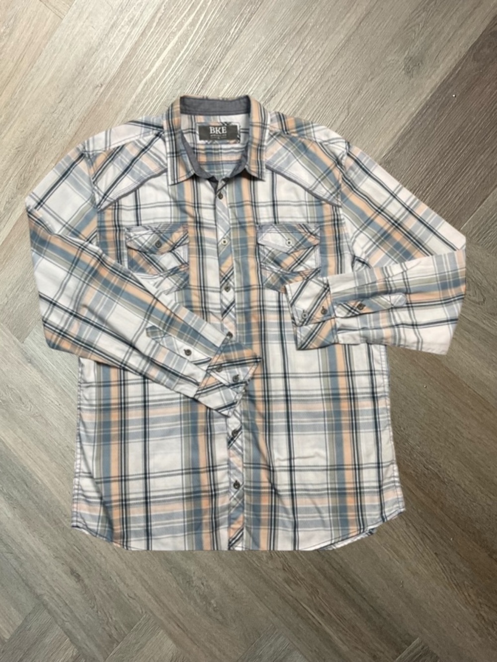 BKE Plaid Long Sleeve Button Up Athletic Fit Western Shirt Mens XL White‎ Gray